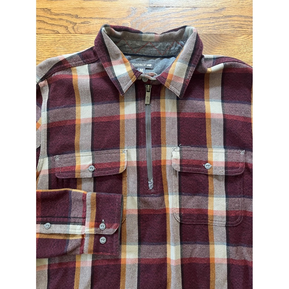 Toad&Co Organic Cotton Plaid Flannel 1/4 Zip Shirt Men's Medium Burgundy Orange